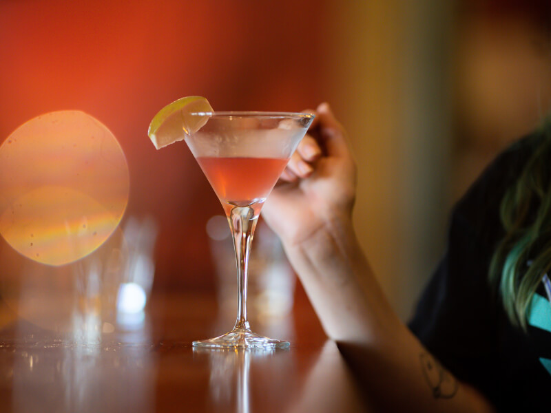 Close up shot of a cosmopolitan at a cocktail class in Manchester